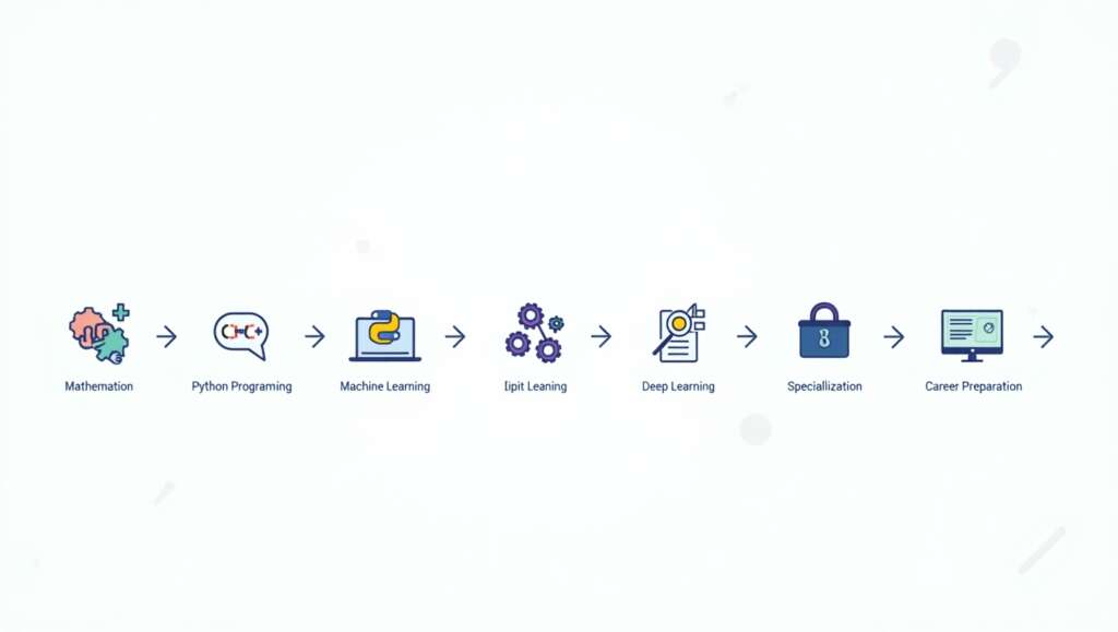 Six phases of AI learning: mathematics, Python, machine learning, deep learning, specialization, and career preparation